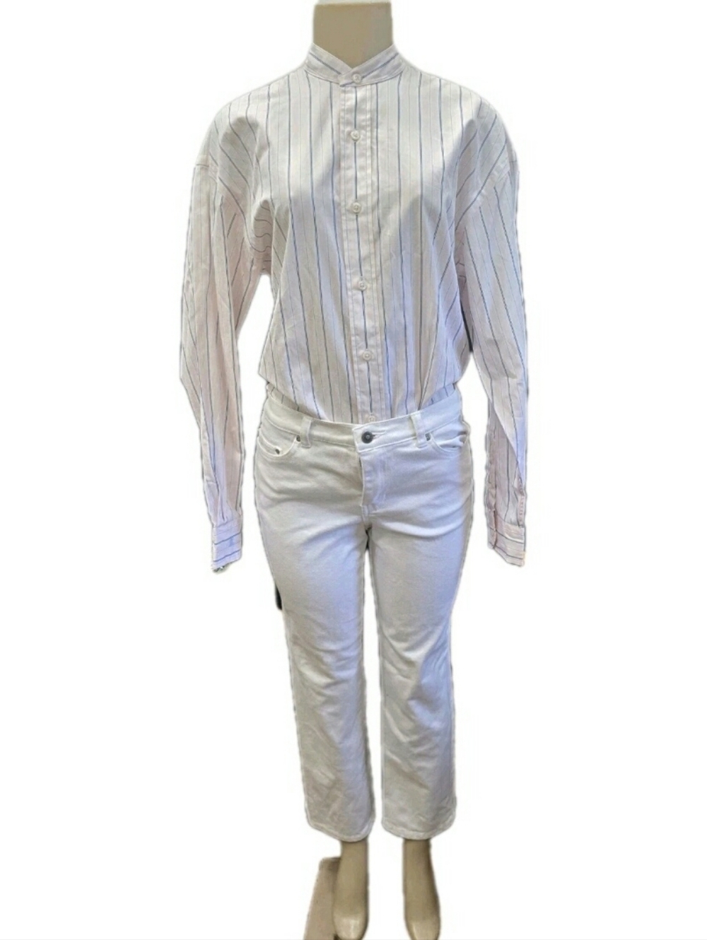 Ralph Lauren Women's Band Collar Striped Shirt Size 6 Y2k Vintage Blue Label